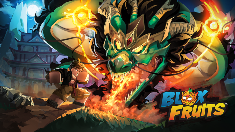Ilustración oficial de Blox Fruits con un dragón verde escupiendo fuego a un luchador