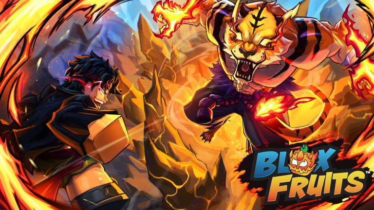 Ilustración oficial de Blox Fruits que muestra un combate con el poder de las frutas