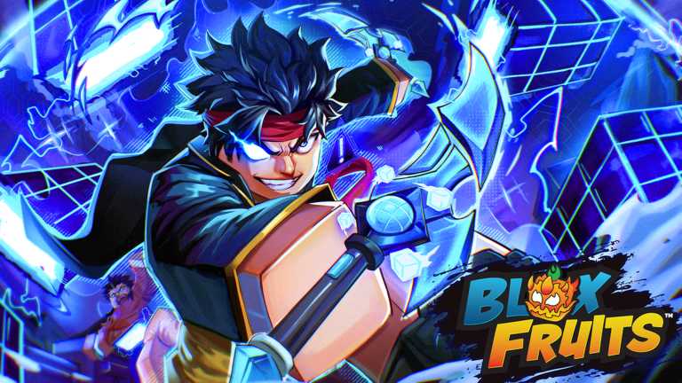 Ilustración oficial de Blox Fruits con una escena de batalla en una isla